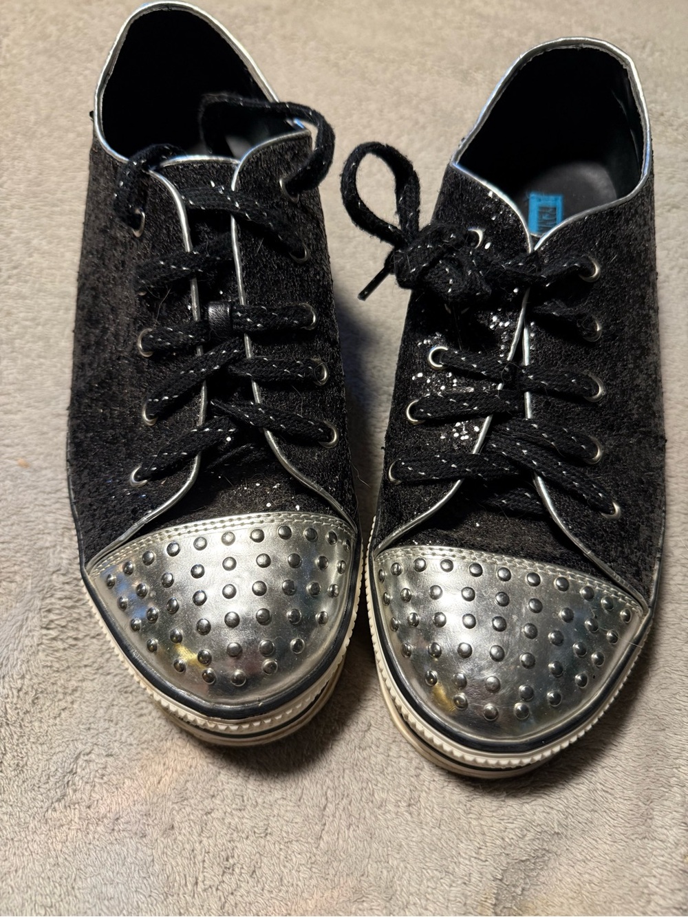 Women’s Black GLITTER Lace-Up PENNY SUE sneakers with Studded Silver Toe Caps